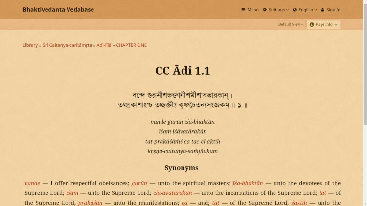 The first verse of Sri Caitanya-caritmrita on Vedabase.io shows Arjun's Bengali script work