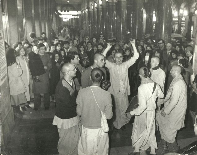 Devotees chanting in Turin, Italy