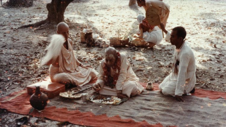 Prabhupada honoring prasad in mango grove